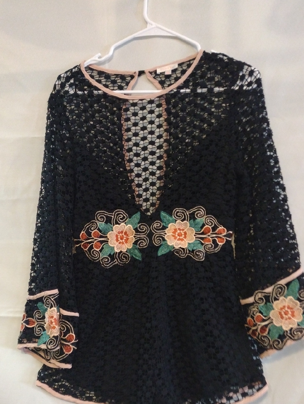 Black Lace Embroidered Floral Romper with Pink Trim